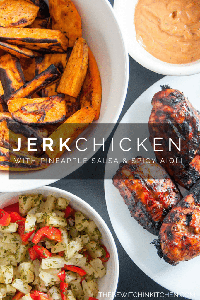 jerk chicken with pineapple salsa and spicy aioli